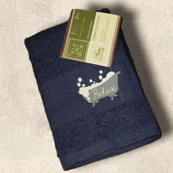 HOME COLLECTION NAVY BLUE "RELAX" WASHCLOTHS, NEW! - Picture 1 of 4